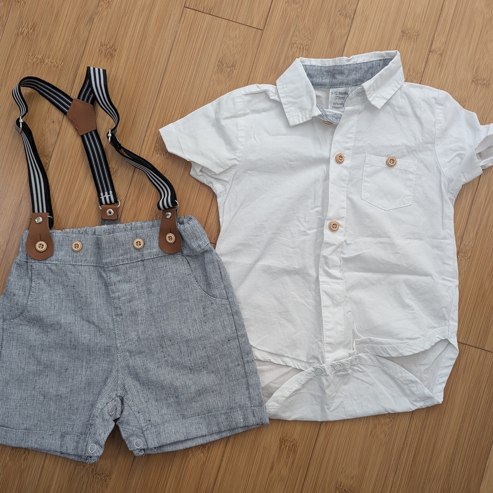 9-12 Month White Shirt and Gray Shorts Set with Suspenders